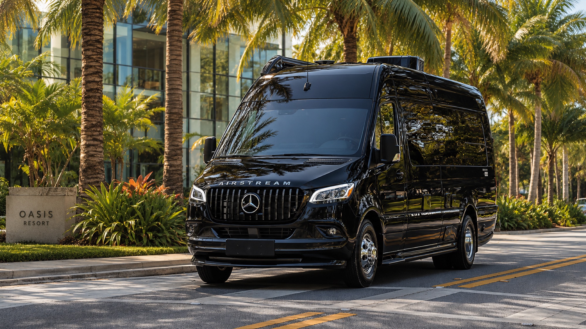 The Black Van Miami — Airstream Interstate on a Mercedes-Benz Sprinter chassis, palms and Miami architecture in the background